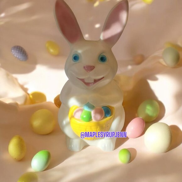 Vintage 80s Easter Bunny Blow Mold w/ a Basket of Lighted Eggs Rabbit 34” - Picture 1 of 6